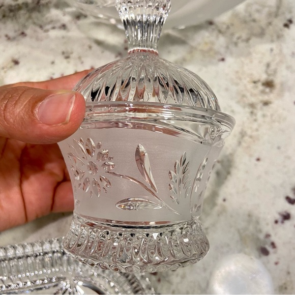 Cut Crystal Creamer and Sugar Set W Tray Lausitzer German Floral Pattern - Picture 7 of 10